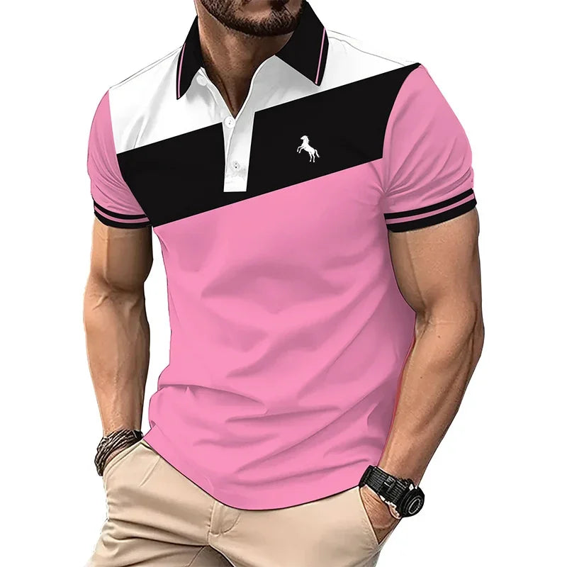 Men Clothes Summer Casual Short Sleeve Spell Color Button Polo Shirt