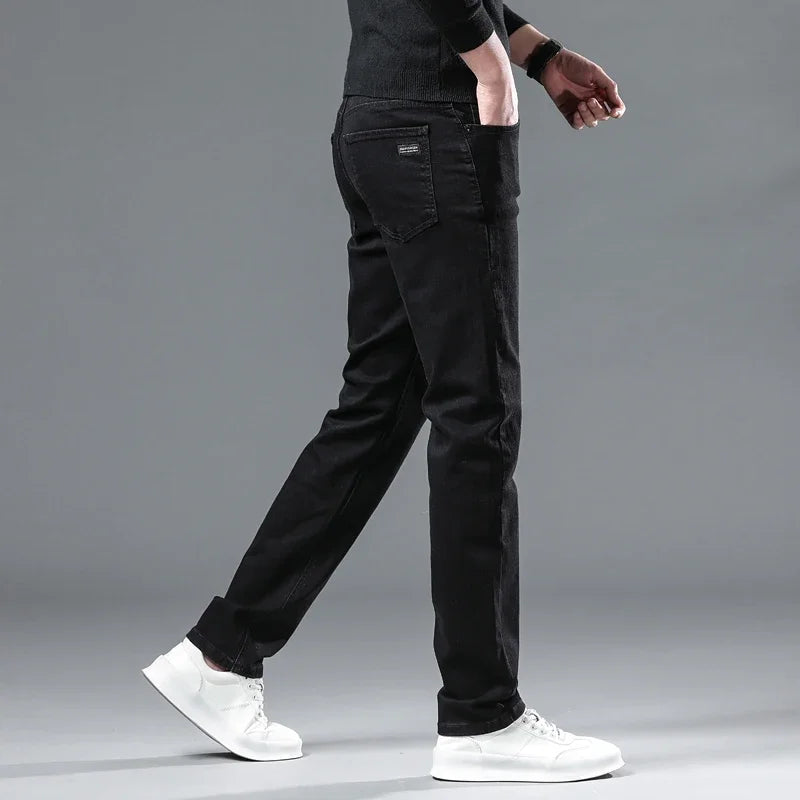 WTHINLEE Winter Men Black Straight Stretch Denim Thick Velvet Pants