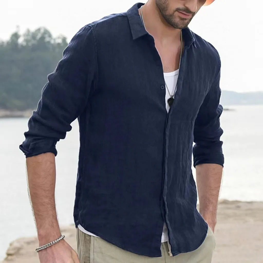 Men's retro casual long-sleeved lapel single-breasted cardigan shirt