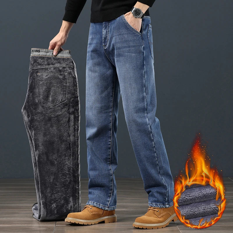 Winter Fleece Men Jeans Classic Loose Straight Warm Thicken Trousers