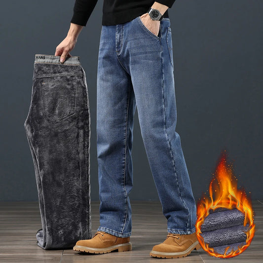 Winter Fleece Men Jeans Classic Loose Straight Warm Thicken Trousers
