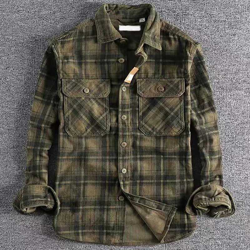 Japanese Vintage Men's Plaid Long Sleeve Shirt Spring Autumn Fashion