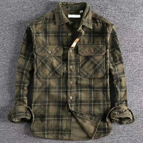 Japanese Vintage Men's Plaid Long Sleeve Shirt Spring Autumn Fashion