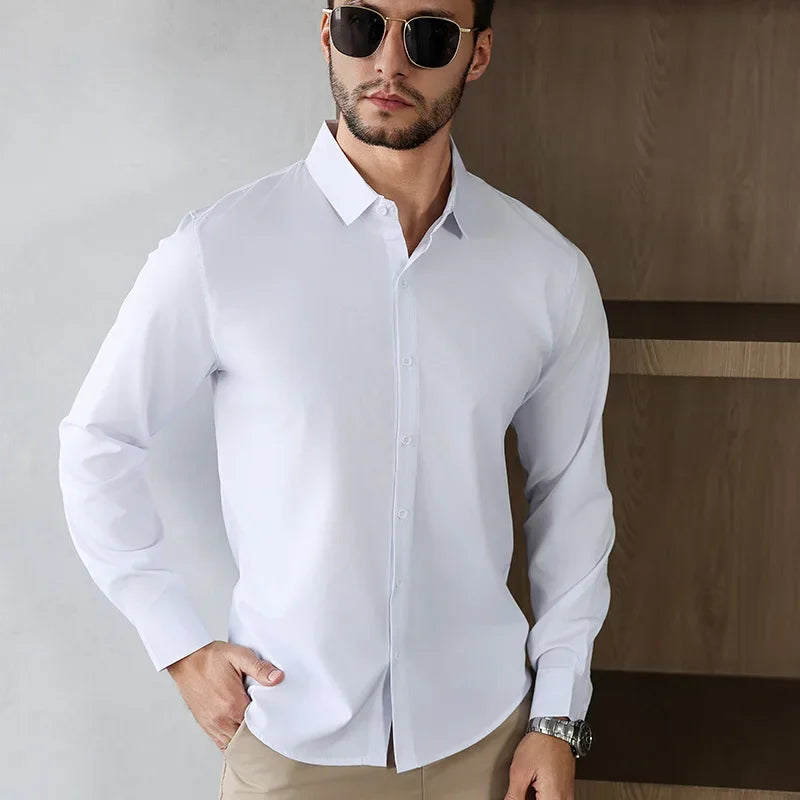New Men's Business Casual Long Sleeved Solid Color Shirt Wrinkle
