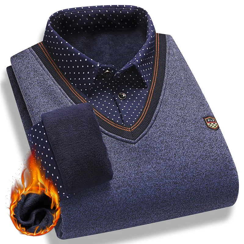Men's Plush Sweater Autumn Winter Fake Two Piece Pullover Polo Shirt