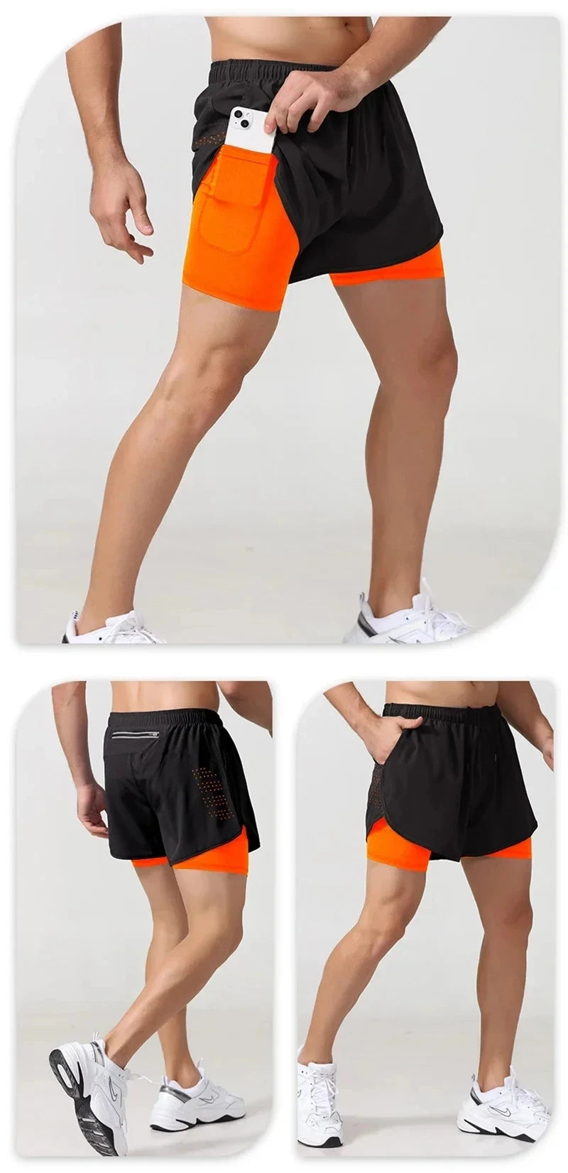 Men Fitness Built-in pocket sports Shorts Summer 2 In 1 Quick Dry Gym