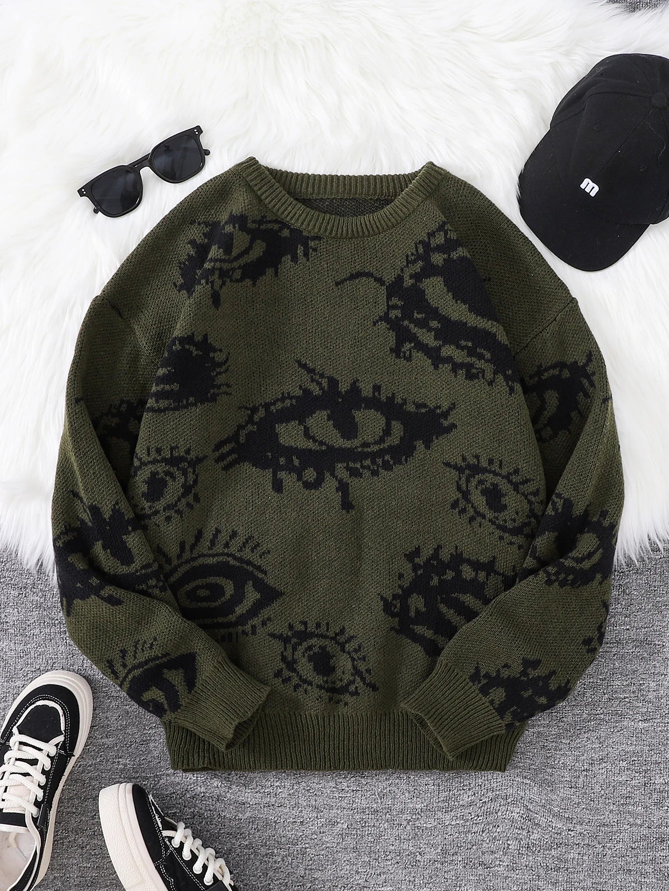 New Popular Autumn and Winter Abstract Eye Jacquard Pattern Pullover