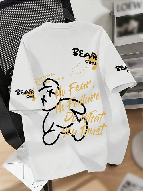 Summer men's round neck breathable T-shirt with cartoon bear print