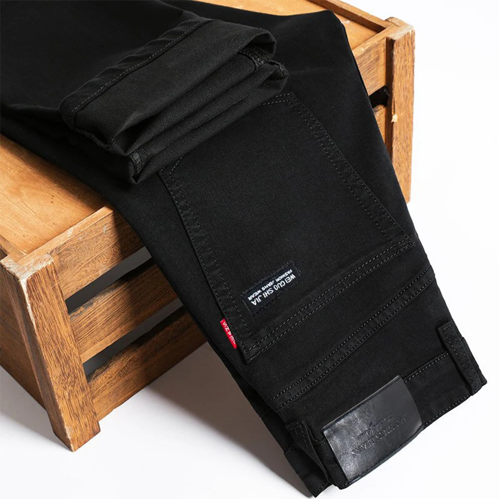 Spring Autumn Vintage Black Business Jeans Men Casual Straight Stretch