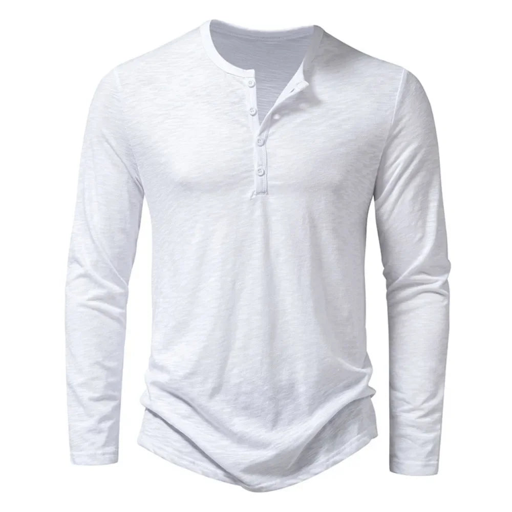 Autumn New Men's Cotton Button Long Sleeve  Henley Neck T-Shirt Casual