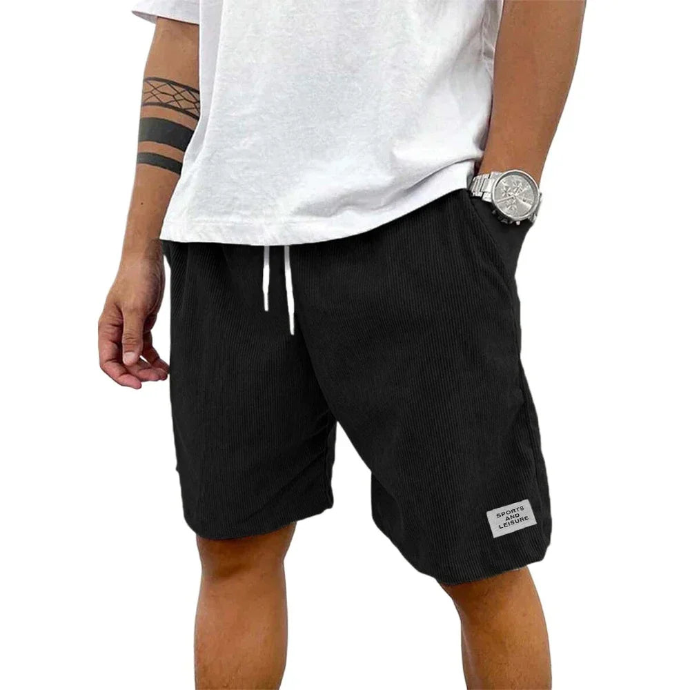 Summer Men's Solid Corduroy Shorts with Drawstring Casual Elastic