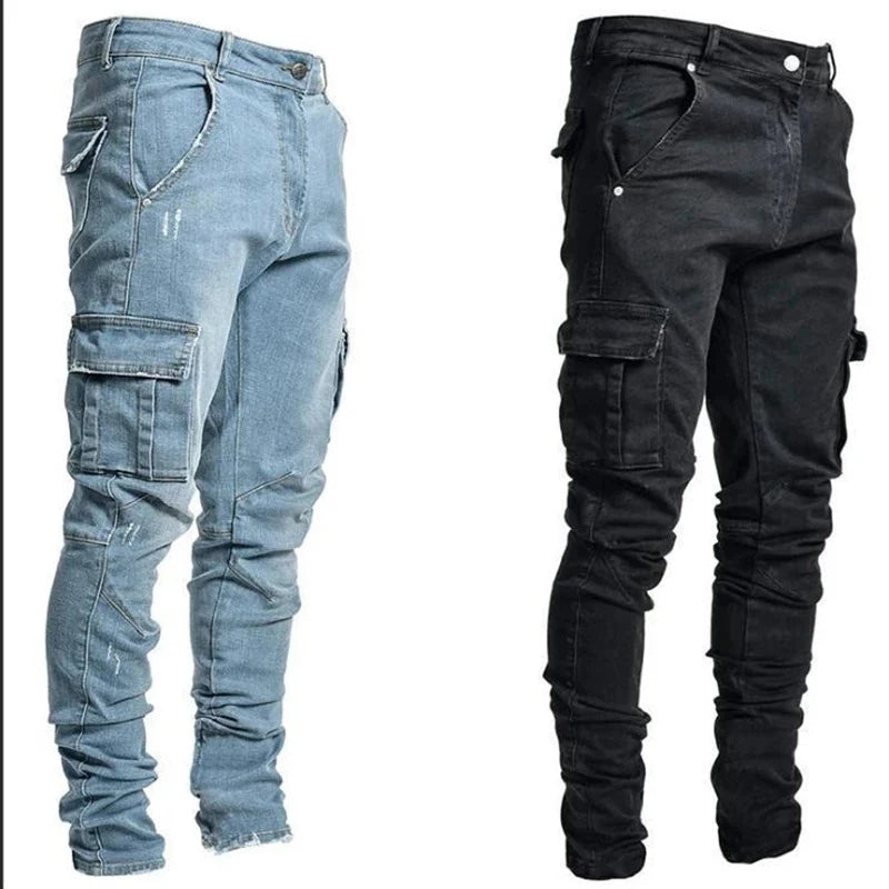 Men Street Elastic Denim Jeans Wash Solid Color Multi Pockets Cargo