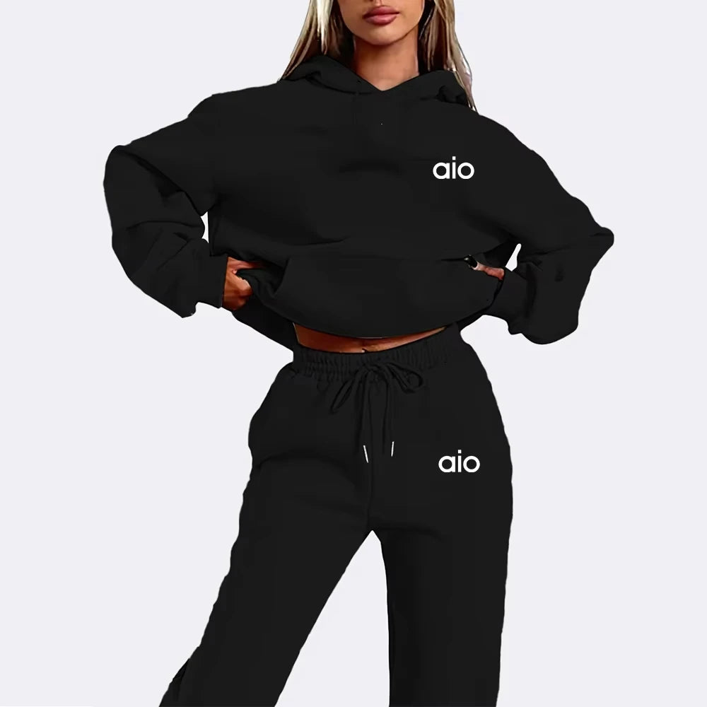 ai Printing High Quality Women Monochrome Hooded Hoodie Set Casual