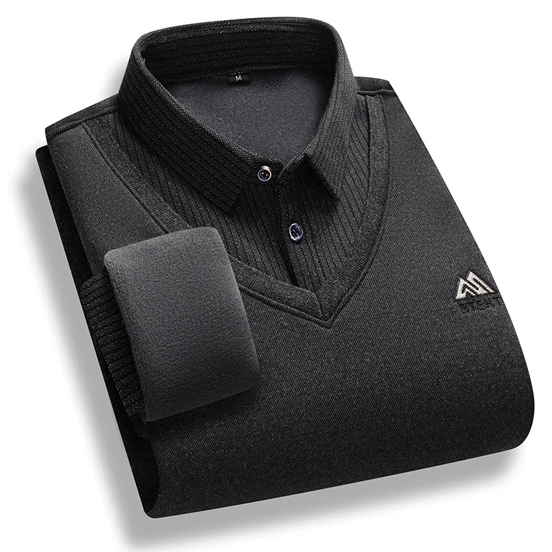 Men's Fleece Lined Sweater Polo Collar Pullover Tops Fake Two Piece