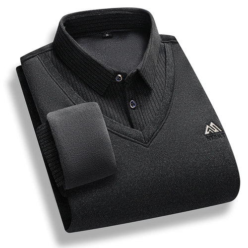 Men's Fleece Lined Sweater Polo Collar Pullover Tops Fake Two Piece