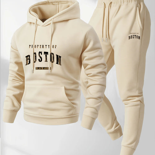 Men's Boston print hooded sweatshirt and sweatpants soft and