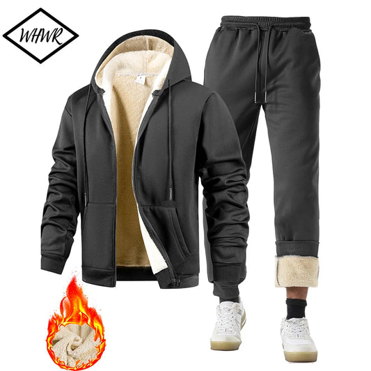 Men's Suit Two-Piece Tracksuit Plush Thickened Warm Sports