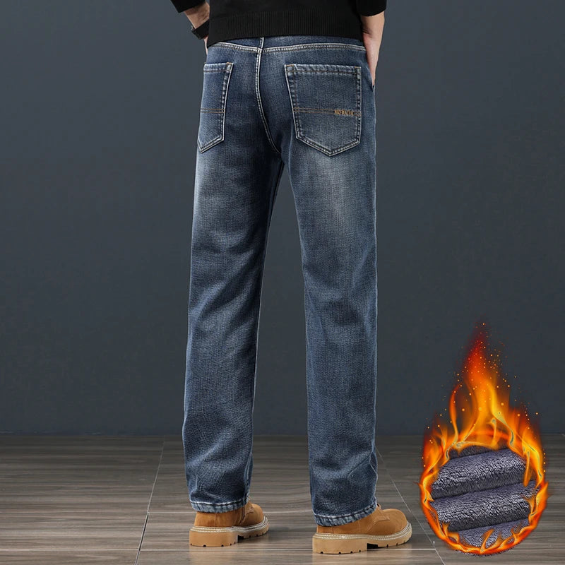Winter Fleece Men Jeans Classic Loose Straight Warm Thicken Trousers