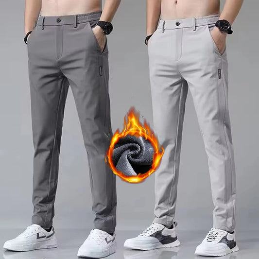 Korean Men's Warm Golf Pants Slim Straight Winter Thick Fleece Casual