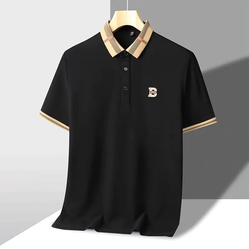 Luxury brand logo short sleeve polo shirt men summer new high-end silk