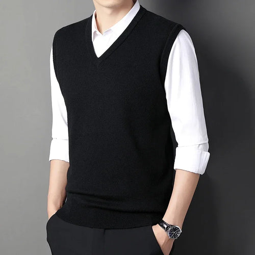 2024 Autumn Winter New Men's Solid Color V-neck Knitted Vest Casual