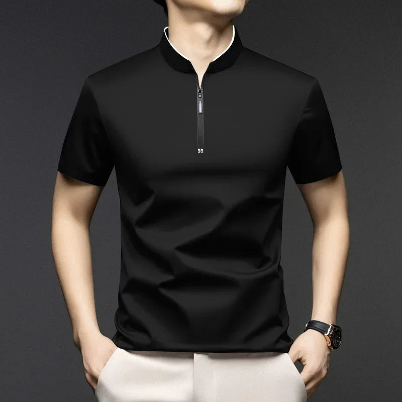 2025 New Men's Casual Fashion Zipper Solid Color Short Sleeved Polo