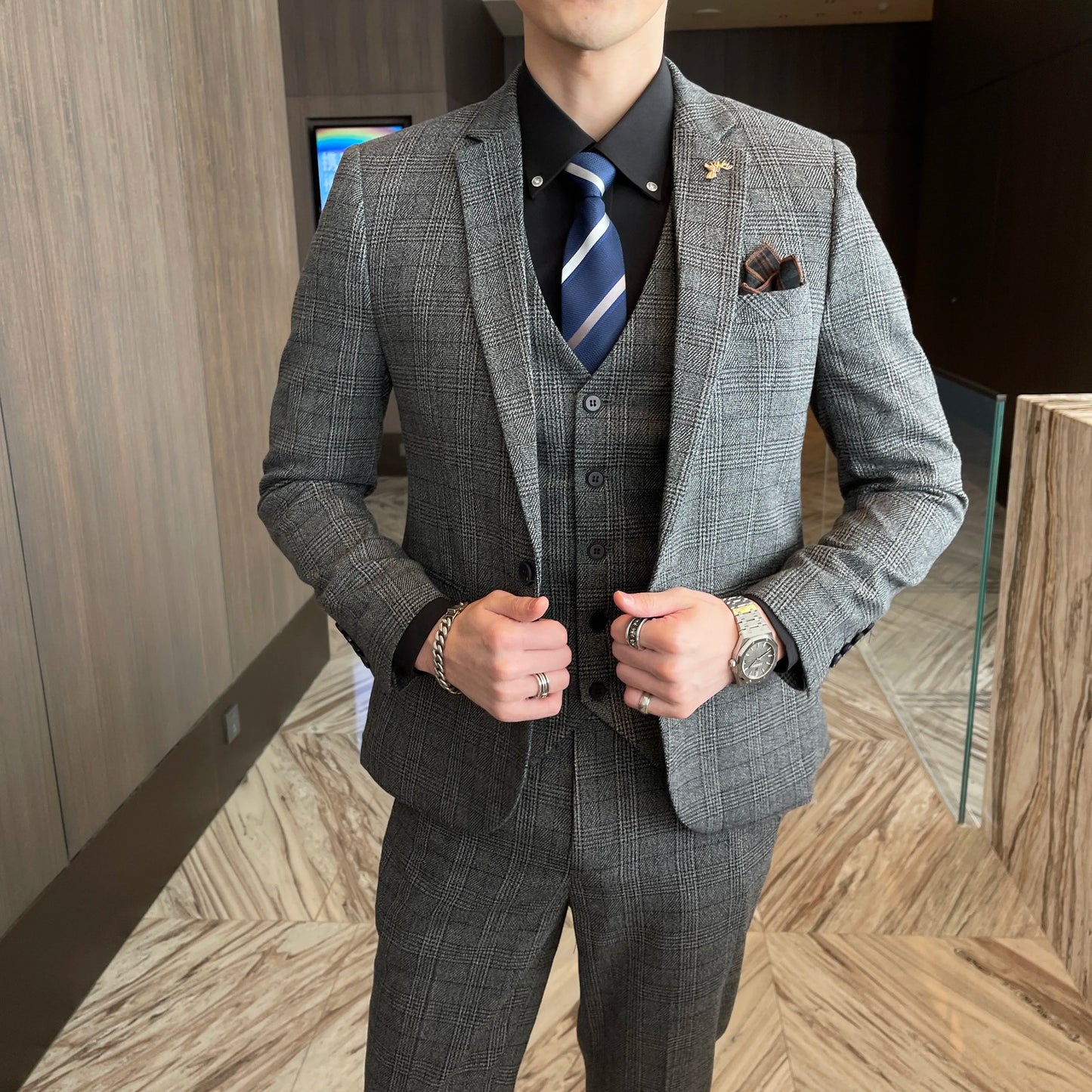 British Korean Style High Quality Modified Plaid Three-Piece Suit for