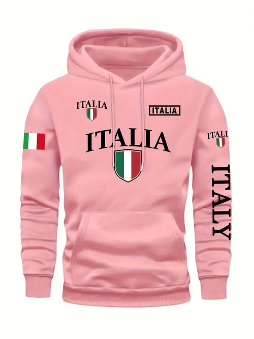 Men's Italy Flag Shield Bold ITALY Letter Print Hoodie Grey Casual