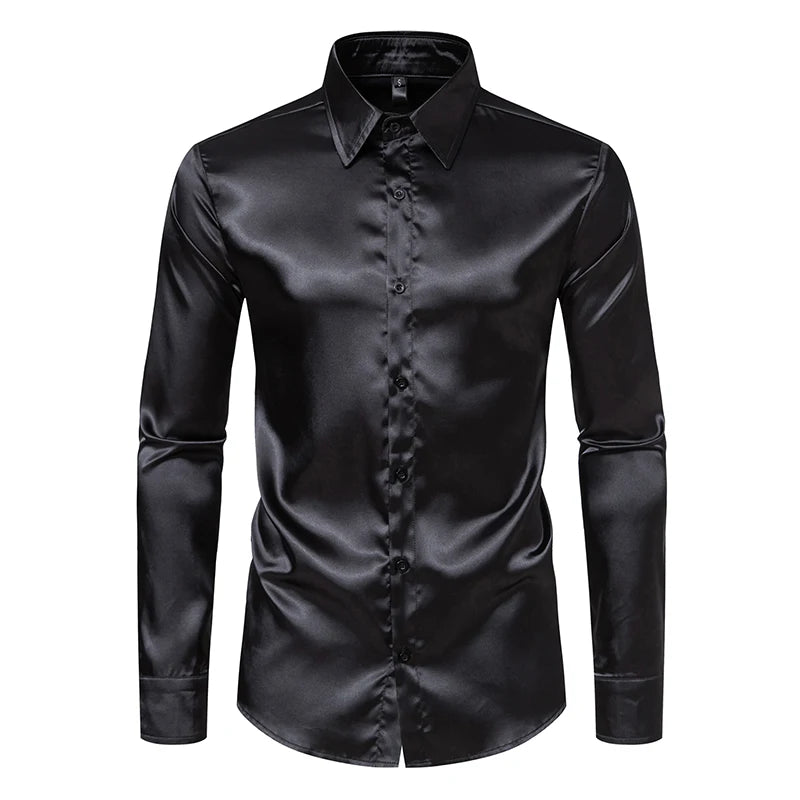 Men's Black Satin Luxury Dress Shirts Fashion Silk Smooth Tuxedo Shirt
