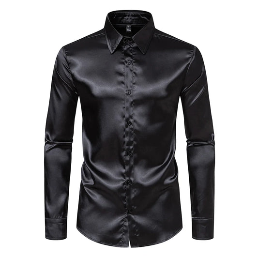 Men's Black Satin Luxury Dress Shirts Fashion Silk Smooth Tuxedo Shirt