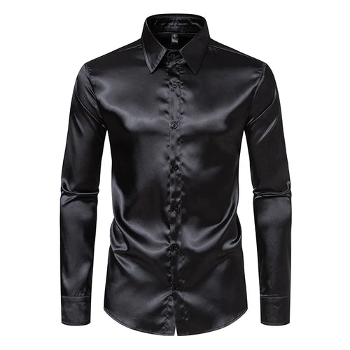 Men's Black Satin Luxury Dress Shirts Fashion Silk Smooth Tuxedo Shirt