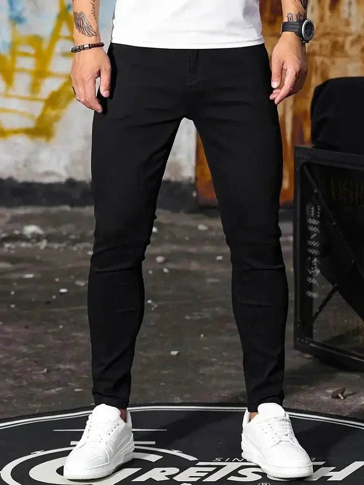 Men Jeans Stretch Skinny Denim Pants Solid Color Black Blue Spring