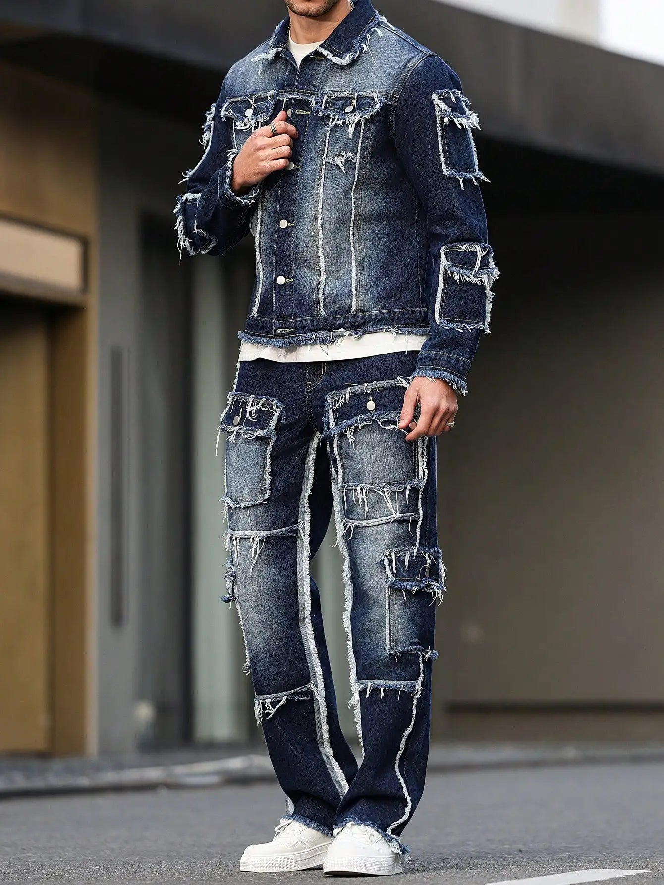 Men's spring and autumn denim suit, multi - pocket design, wide