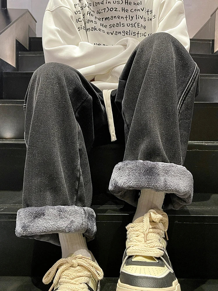 Men's Winter Jeans Fleece-Lined Brushed Thick Warm Denim Pants Korean