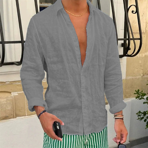 Spring Autumn Men's Cotton Linen Shirt Casual Long Sleeve Solid Color