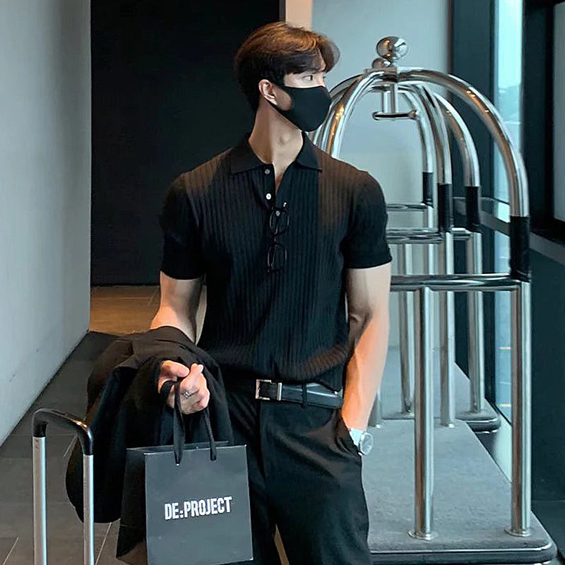 Summer Men's Clothing Retro Knit Lapel Striped Polo Shirt Solid Color