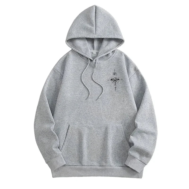 Vintage Compass Print Hoodies for Men High Quality Hooded Long Sleeve