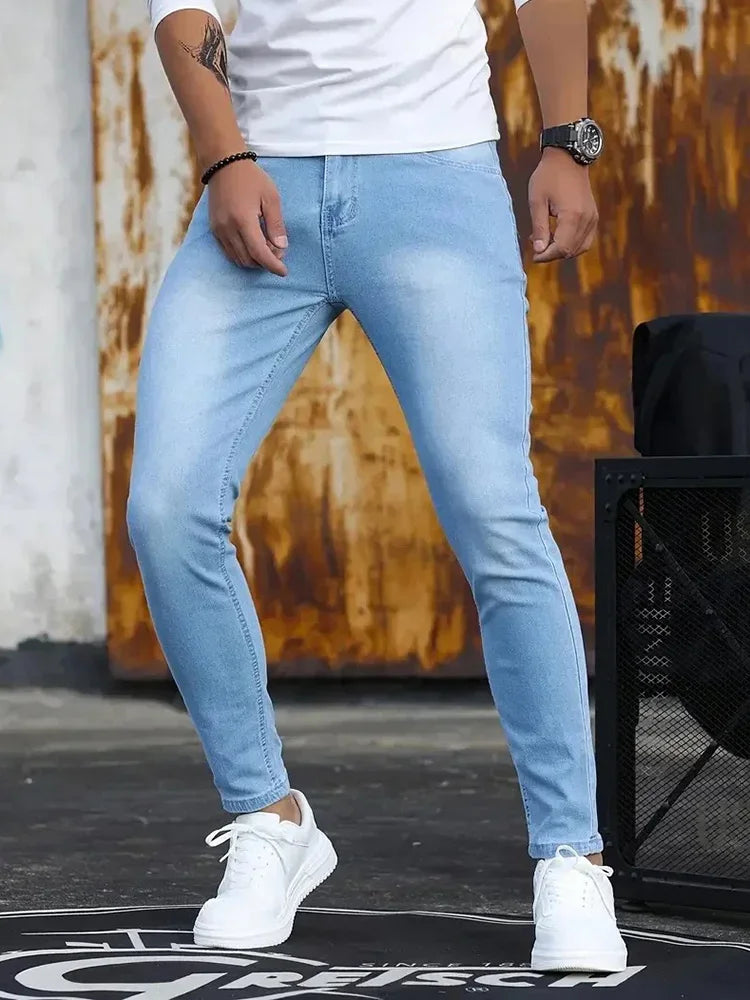 Men Jeans Stretch Skinny Denim Pants Solid Color Black Blue Spring