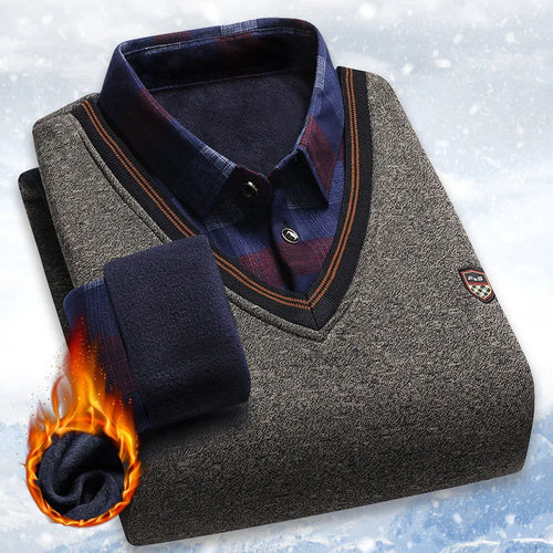 Men's Plush Sweater Autumn Winter Fake Two Piece Pullover Polo Shirt