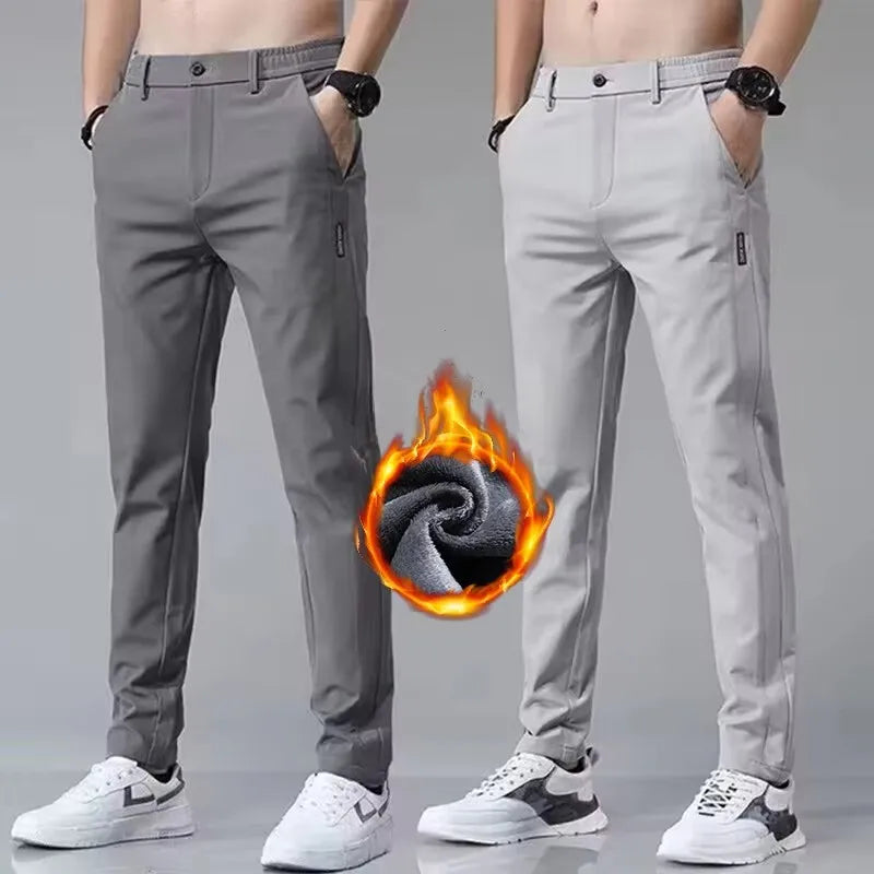Winter Fleece Golf Casual Pants Men Business Slim Stretch Jogger Thick