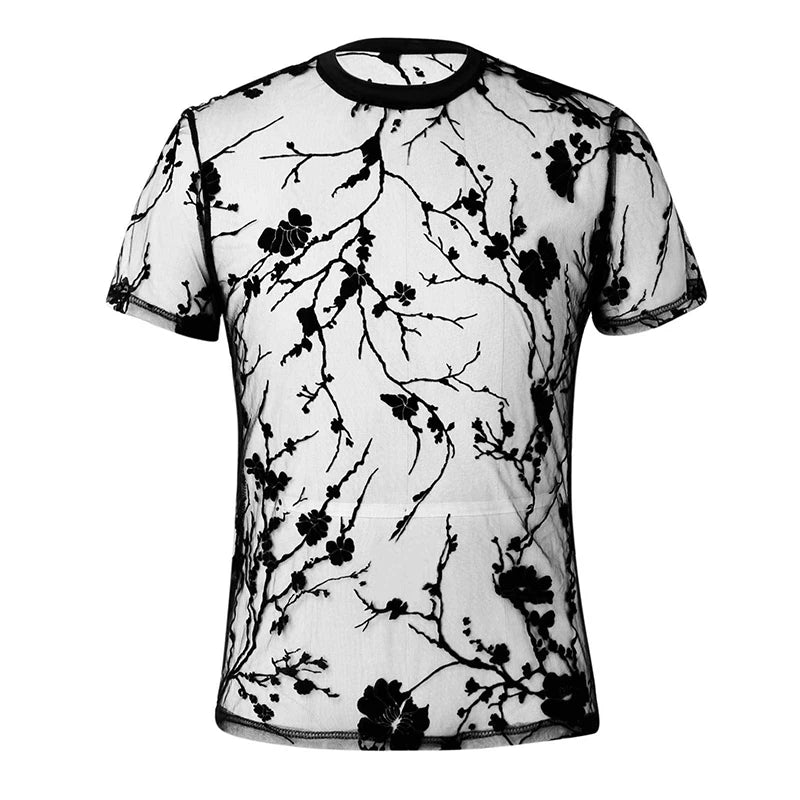 Summer Men's Clothing Mesh Lace Knit T-shirt Streetwear Hollow-Out O