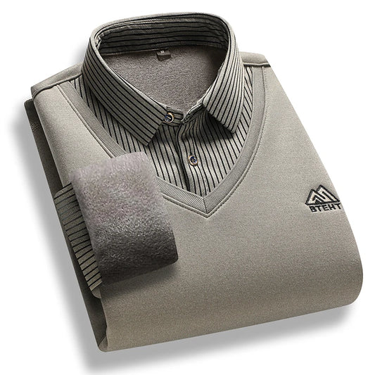 Men's Fleece Lined Sweater Polo Collar Pullover Tops Fake Two Piece