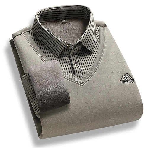 Men's Fleece Lined Sweater Polo Collar Pullover Tops Fake Two Piece