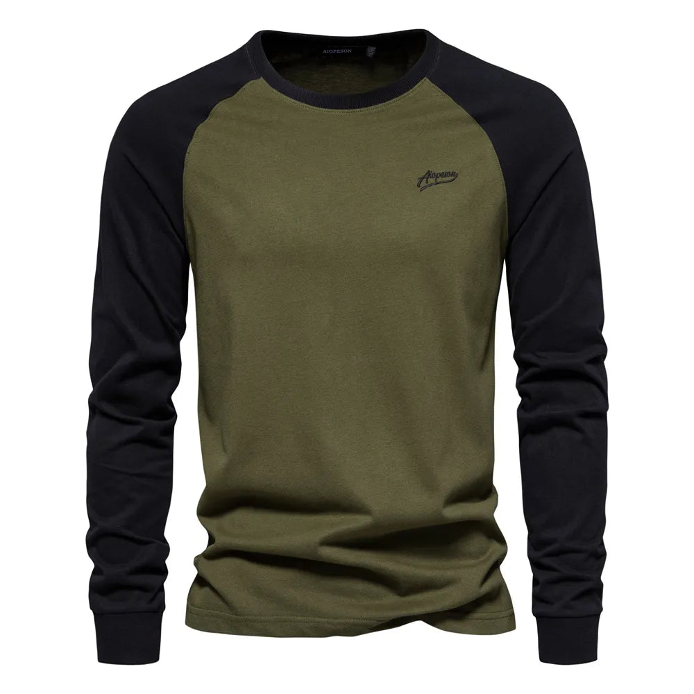 AIOPESON Men's T-shirts 100% Cotton Long Sleeve O-neck Pactwork Casual