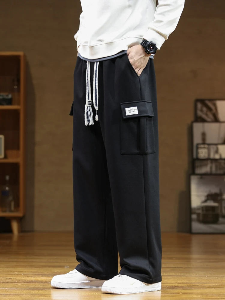 Spring Autumn Multi-Pockets Sweatpants Men Drawstring Waist Sportswear