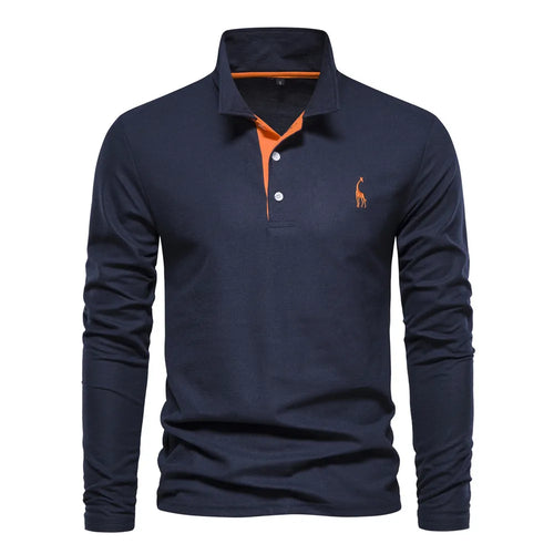 AIOPESON Deer Embroidery Men's Polo Shirts Solid Color Long Sleeve