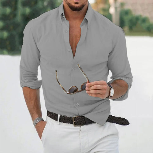 New Cotton Linen Shirts Men's Tops Causal Loose Solid Color Long