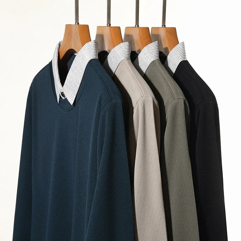 2025 New Men's Fake Two Piece Polo Shirt Casual Fashion Long Sleeve