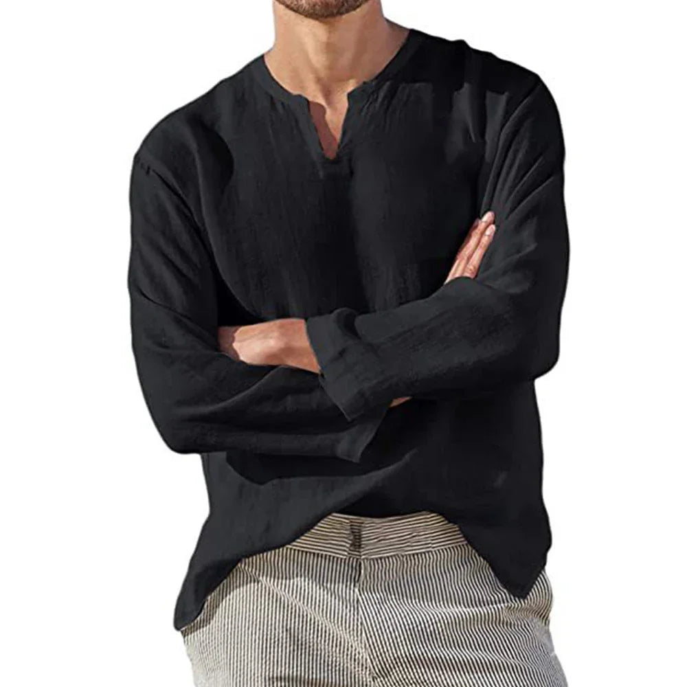 Men's Cotton Linen Shirt Cozy Solid Color Long Sleeve Breathable Tops