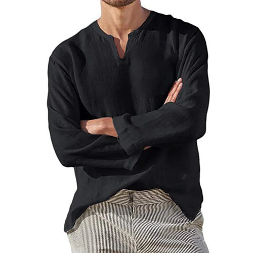 Men's Cotton Linen Shirt Cozy Solid Color Long Sleeve Breathable Tops